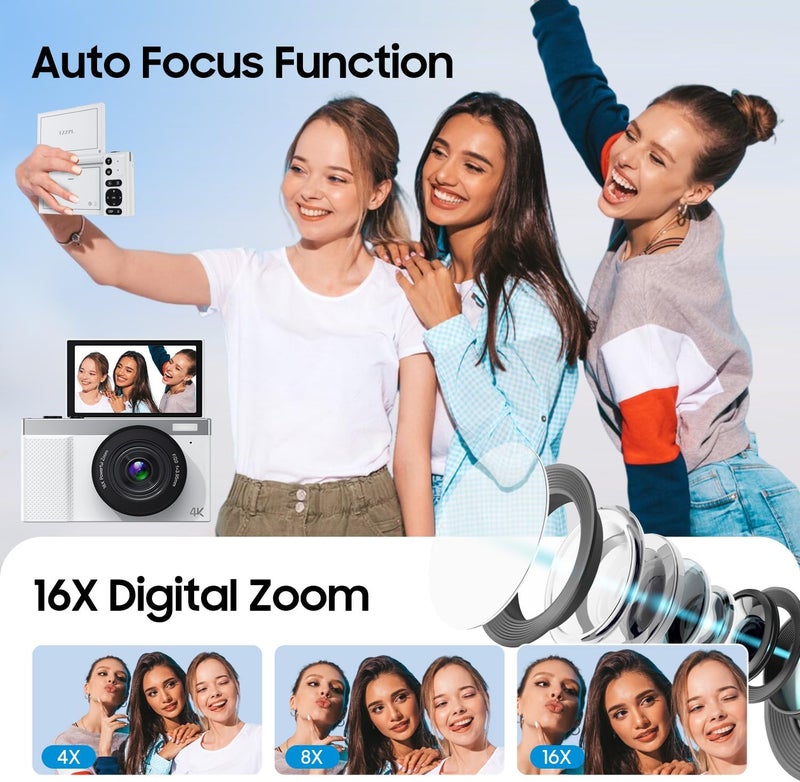 TZZPL 4K Digital Camera, 64MP Vlogging Camera for Photography with 3" 180° Flip Screen, 16X Compact Digital Camera with 64GB Micro SD Card for Beginner (White) - Image 5